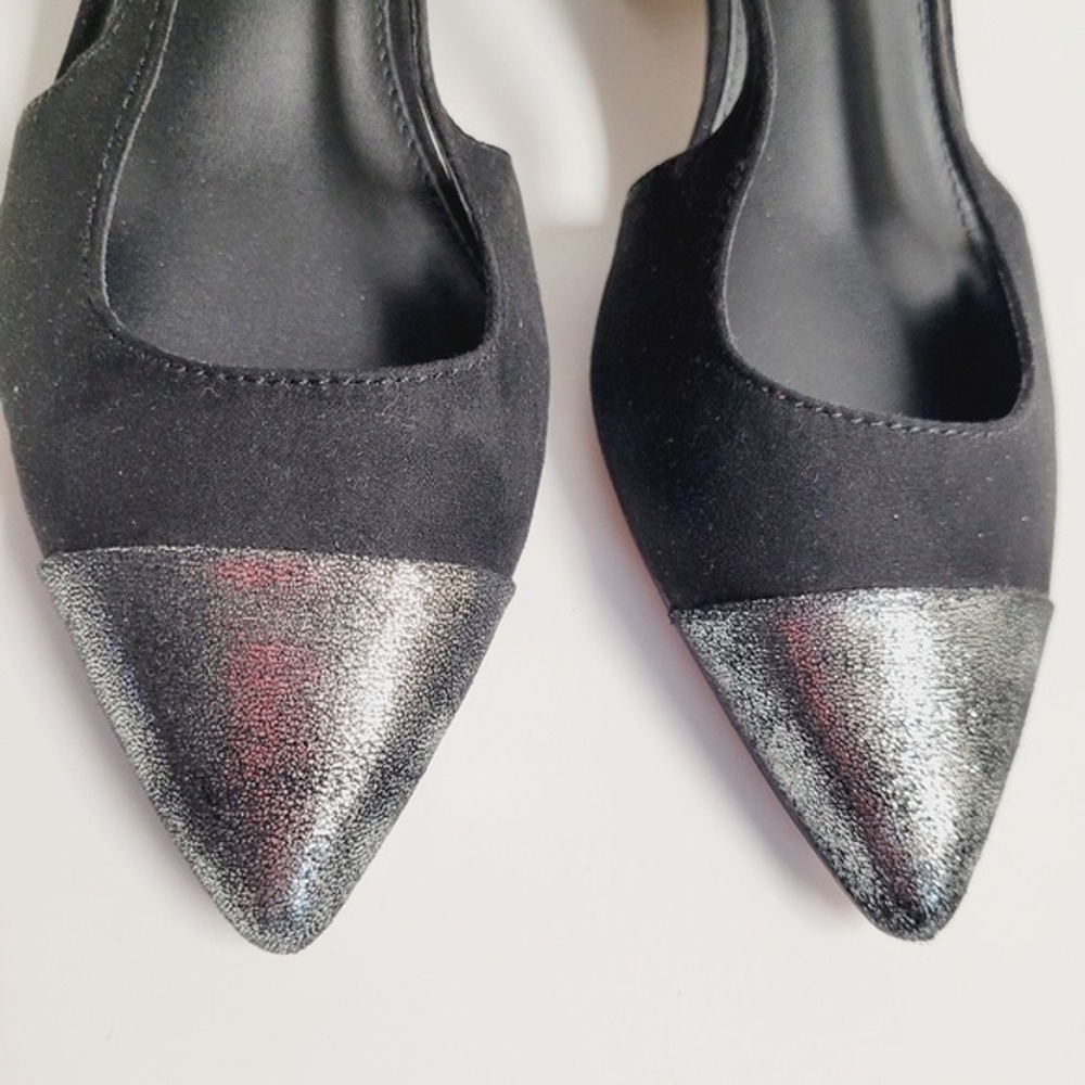 Express Black Silver Cap Pointed Toe Sling Back Block Heels Women's Size 6 - Picture 6 of 8